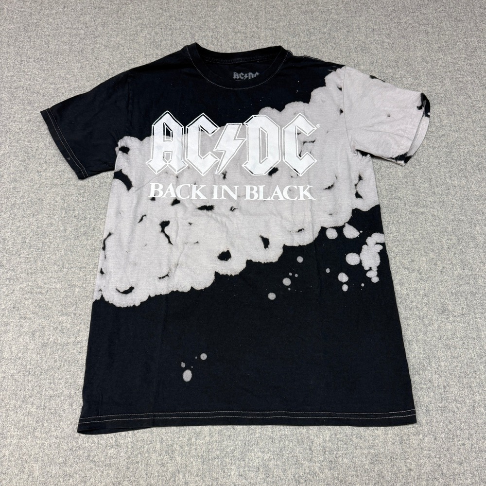 AC/DC Back‎ in Black Graphic T-Shirt Medium Black White Bleach Tie Dye Wash